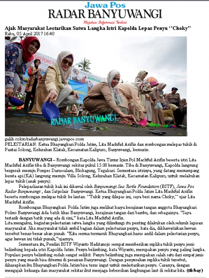 Istri Kapolda Lepas Penyu "Choky" - Radar Banyuwangi